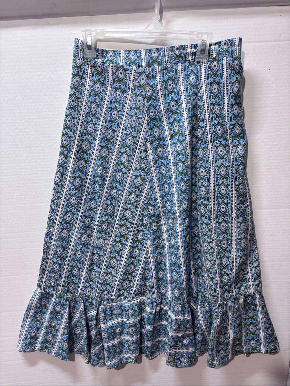 CHAKERIS  Charleston Blue Green Floral Patterned Ruffle-Hem Women's Skirt Large
